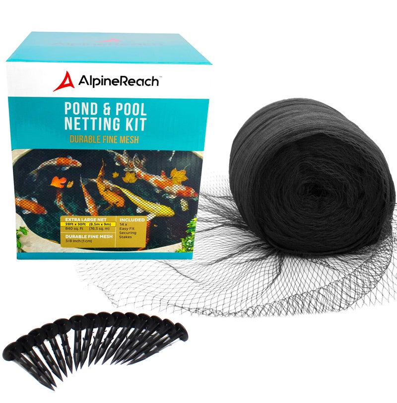 AlpineReach Koi Pond Netting Kit 28 x 30 ft Black Heavy Duty Woven Fine Mesh Net Cover for Leaves - Protects Koi Fish from Blue Heron Birds, Cats & Predators â€“ Reusable & Stakes Included - Image 1